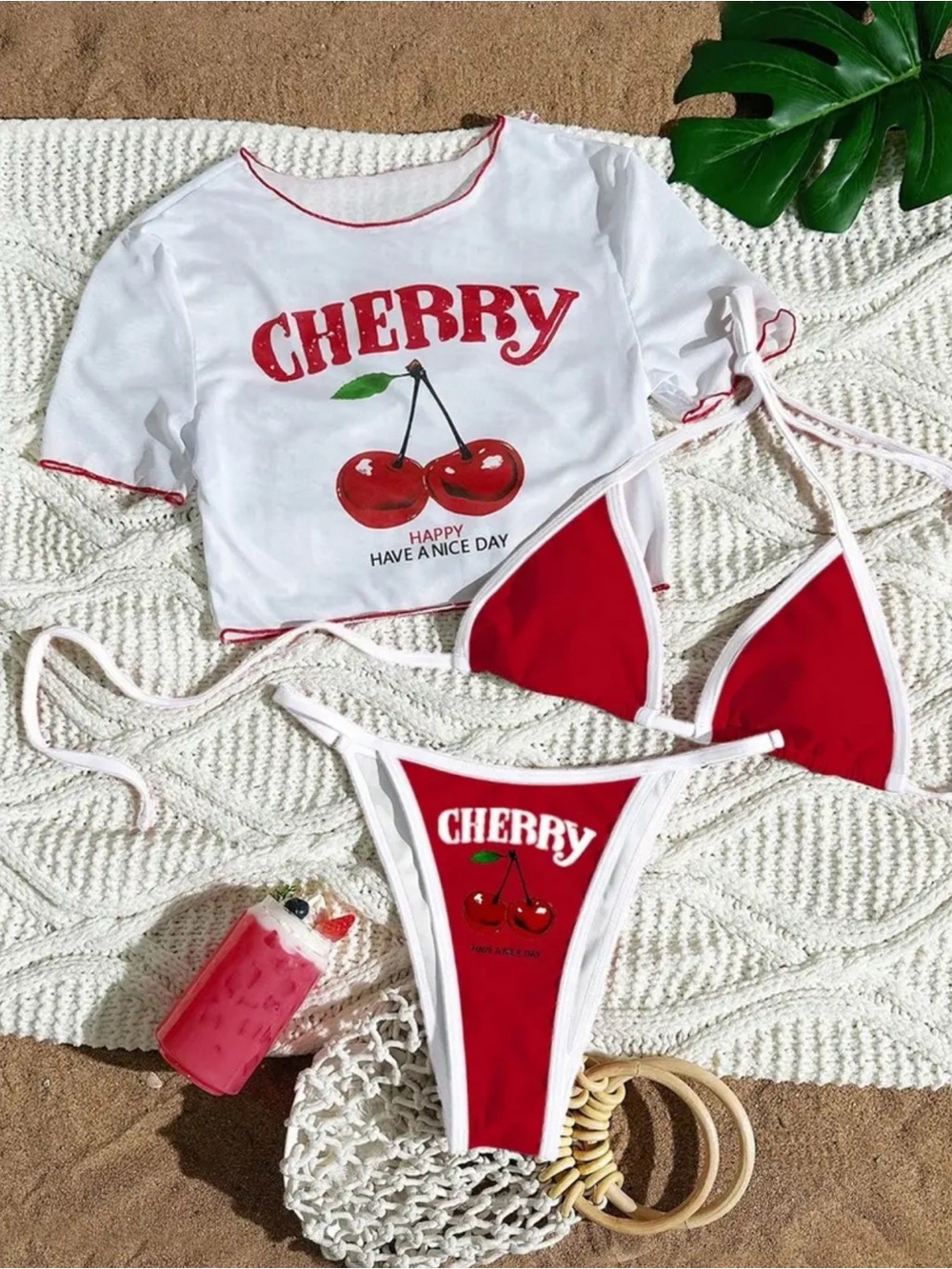NWOT 3pc Red w/ White Trim Tri-Top Matching Bottom Bikini w/ Crop Top Cover Up